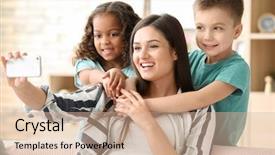  Presentation with child adoption - Beautiful presentation theme featuring multicultural family - young woman taking selfie backdrop and a soft green colored foreground