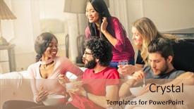  Presentation with snack food - Colorful presentation enhanced with multicultural food - friends eating a snack together backdrop and a coral colored foreground