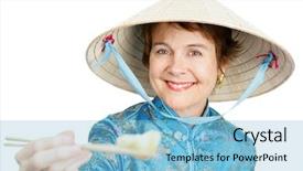  Presentation with dumpling - Theme consisting of multicultural food - tourist in chinatown holding background and a light blue colored foreground