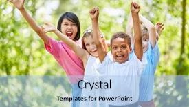  Presentation with children birthday - Slide set having multicultural group of children enthusiastically background and a light blue colored foreground