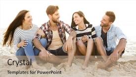  Presentation with multicultural - Audience pleasing slide deck consisting of multicultural group of friends at the beach having fun backdrop and a coral colored foreground