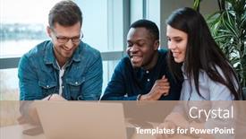  Presentation with multicultural - PPT theme featuring multicultural group of students discussing project background and a coral colored foreground