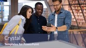  Presentation with public - Slide deck with multicultural group of students in a public library background and a ocean colored foreground