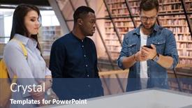  Presentation with public - Audience pleasing PPT layouts consisting of multicultural group of students in a public library backdrop and a ocean colored foreground