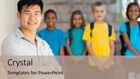  Presentation with diverse elementary students - Colorful PPT theme enhanced with multicultural kids - handsome male elementary educator backdrop and a coral colored foreground