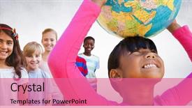  Presentation with multicultural kids - Amazing presentation design having multicultural kids holding world globe backdrop and a coral colored foreground
