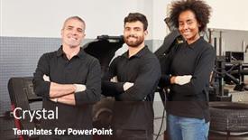  Presentation with mechanic shop - Presentation having multicultural-mechanic-and-mechatronics-team background and a tawny brown colored foreground