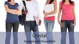  Presentation with multicultural - Beautiful slide set featuring multicultural people - group of four students standing backdrop and a ocean colored foreground