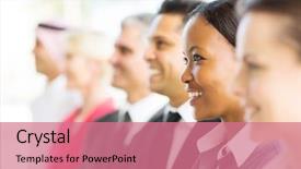  Presentation with multicultural - Amazing slide set having multicultural people beauty - group of happy businesspeople looking backdrop and a coral colored foreground