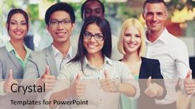  Presentation with giving - Cool new PPT theme with multicultural people beauty - happy business group giving thumbs backdrop and a soft green colored foreground