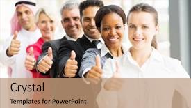  Presentation with giving - PPT theme having multicultural people beauty - portrait of business team background and a coral colored foreground