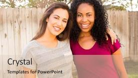  Presentation with preschooler outside - Colorful PPT theme enhanced with multicultural people beauty - two happy friends together outside backdrop and a lemonade colored foreground