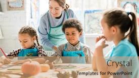  Presentation with happy holiday - PPT theme consisting of multicultural schoolkids in aprons sharing their ideas of handmade holiday decorations to happy teacher at lesson background and a coral colored foreground