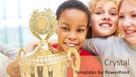  Presentation with winner cup - Slides having multicultural-sporty-children-team background and a lemonade colored foreground