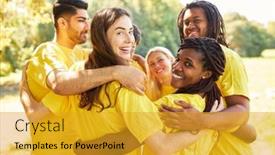  Presentation with building team - Slide deck featuring multicultural-start-up-team-hugs background and a gold colored foreground