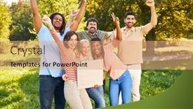  Presentation with team building - Slide set with multicultural-start-up-team background and a coral colored foreground