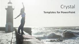  Presentation with railing - Beautiful theme featuring multicultural-woman-walks-along backdrop and a white colored foreground