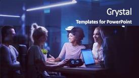  Presentation with virtual team - Colorful PPT theme enhanced with multiethnic business team using virtual backdrop and a ocean colored foreground