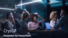  Presentation with virtual reality meeting - PPT layouts with multiethnic business team using virtual reality headset in night office meeting developers meeting with virtual reality simulator around table in creative office background and a wine colored foreground