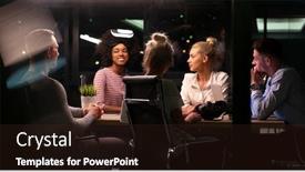  Presentation with virtual team meeting - Slide deck featuring multiethnic business team using virtual reality headset in night office meeting developers meeting with virtual reality simulator around table in creative office background and a wine colored foreground