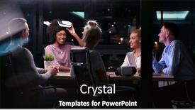  Presentation with virtual team meeting - Slide deck enhanced with multiethnic business team using virtual reality headset in night office meeting developers meeting with virtual reality simulator around table in creative office background and a black colored foreground