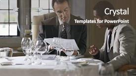  Presentation with restaurant - PPT theme having multiethnic businessmen sitting at restaurant background and a tawny brown colored foreground