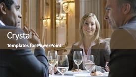  Presentation with meeting table - Presentation with multiethnic businesspeople sitting at restaurant background and a coral colored foreground