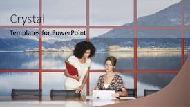  Presentation with modern - PPT theme consisting of multiethnic-businesswomen-in-conversation background and a light blue colored foreground