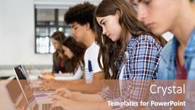  Presentation with college students - Colorful theme enhanced with multiethnic-college-students-sitting backdrop and a coral colored foreground