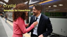  Presentation with station - Presentation theme having multiethnic-couple-on-platform background and a tawny brown colored foreground