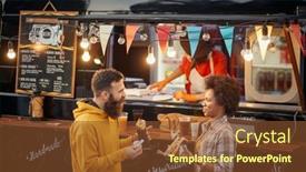  Presentation with food service - Slide deck having multiethnic-couple-talking-and-eating background and a tawny brown colored foreground