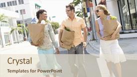  Presentation with carrying school bag - Presentation consisting of multiethnic friends carrying grocery bag background and a  colored foreground