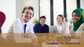  Presentation with people - Colorful slide set enhanced with multiethnic-group-of-business-people backdrop and a gold colored foreground