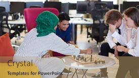  Presentation with group - Slide set featuring multiethnic-group-of-business-people background and a coral colored foreground