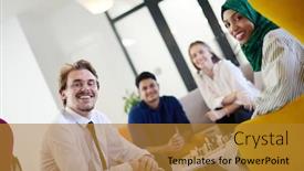  Presentation with relaxation - Audience pleasing presentation design consisting of multiethnic-group-of-business-people backdrop and a gold colored foreground