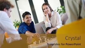  Presentation with relaxation - Cool new slide set with multiethnic-group-of-business-people backdrop and a gold colored foreground