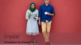  Presentation with business pink - Colorful presentation enhanced with multiethnic-group-of-casual-business backdrop and a tawny brown colored foreground