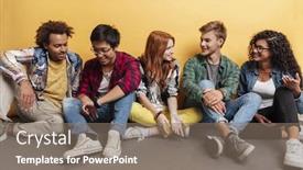  Presentation with people talking - PPT layouts enhanced with multiethnic-group-of-cheerful-young background and a coral colored foreground