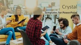  Presentation with employees - PPT theme having multiethnic-group-of-employees-working background and a coral colored foreground