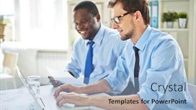  Presentation with managers - Cool new slide deck with multiethnic group of enthusiastic managers gathered in boardroom and working hard to end project waist-up portrait backdrop and a light blue colored foreground