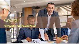  Presentation with group discussion - PPT theme consisting of multiethnic-group-of-focused-colleagues background and a violet colored foreground