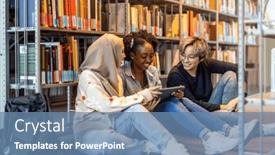  Presentation with library - PPT theme having multiethnic-group-of-students-sitting background and a teal colored foreground