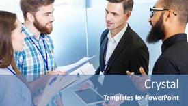  Presentation with people talking - Beautiful presentation featuring multiethnic group of young business people standing and talking with chief executive in office backdrop and a teal colored foreground