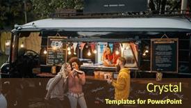  Presentation with food truck - Slide deck enhanced with multiethnic-group-of-young-people background and a tawny brown colored foreground