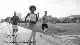  Presentation with city - Slide deck featuring multiethnic group of young people on the jogging beautiful morning as the sun rises in the streets of the city background and a light gray colored foreground