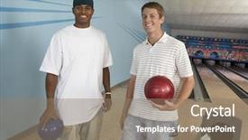  Presentation with tenpin bowling - Presentation theme enhanced with multiethnic male friends at bowling background and a  colored foreground