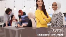  Presentation with coworking - Colorful slide deck enhanced with multiethnic-startup-business-people-team backdrop and a gray colored foreground