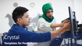  Presentation with hijab modern - Slide deck with multiethnic-startup-business-team-arabian background and a navy blue colored foreground