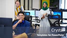  Presentation with hijab modern - Presentation design featuring multiethnic-startup-business-team-arabian background and a ocean colored foreground