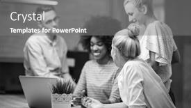  Presentation with start up business - Cool new PPT layouts with multiethnic startup business team on meeting in modern night office interior brainstorming working on laptop backdrop and a gray colored foreground